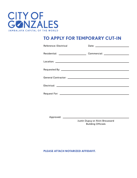 First page of the Temporary Cut-In Electrical Affidavit