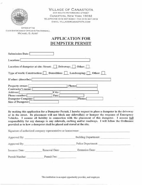 First page of the Dumpster Permit Application