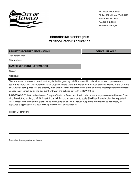 First page of the Shoreline Master Program Variance Permit Application