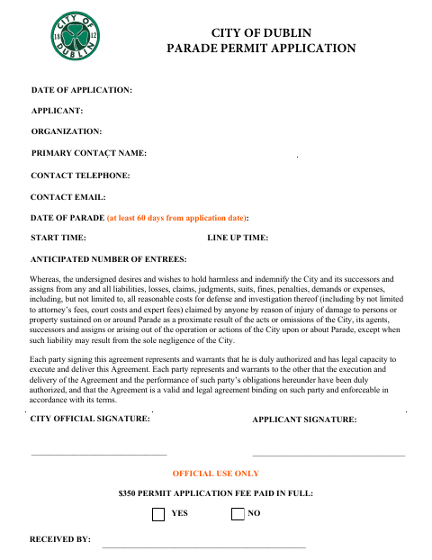 First page of the Parade Permit Application