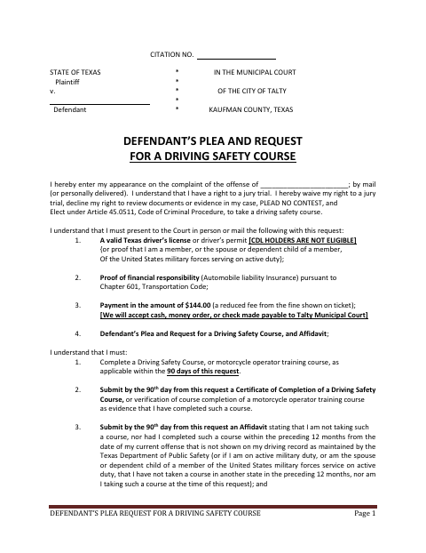 First page of the Defendant’s Plea and Request for a Driving Safety Course