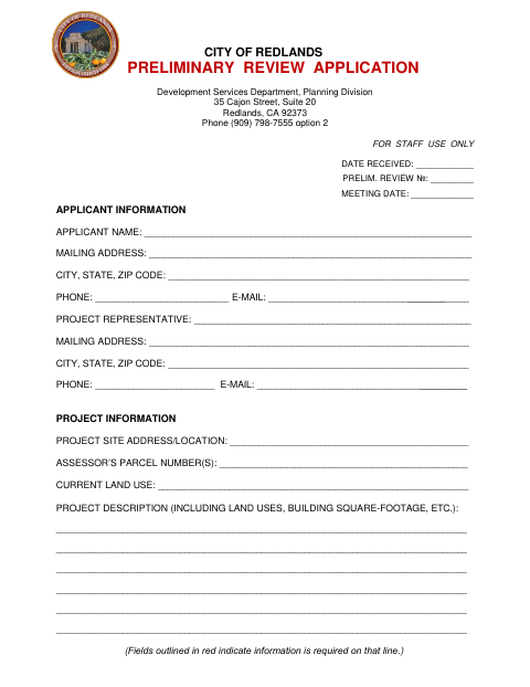 First page of the Preliminary Review Application