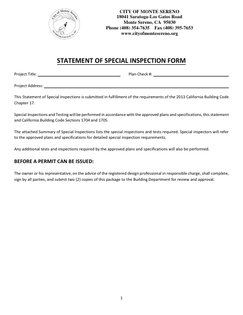 First page of the Statement of Special Inspection Form
