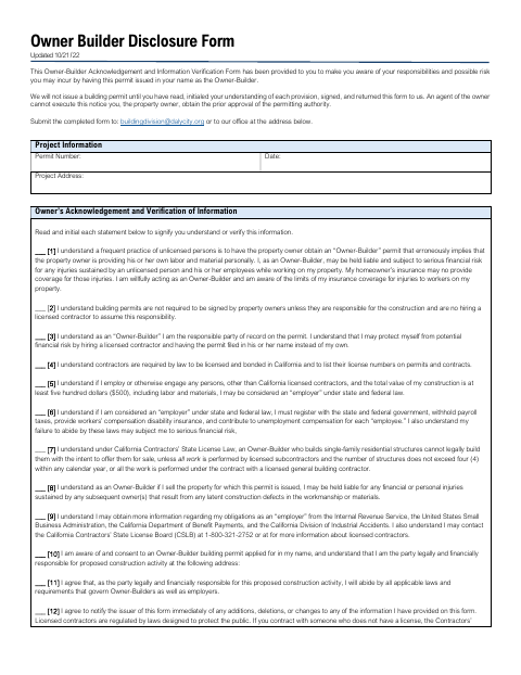 First page of the Owner Builder Disclosure Form
