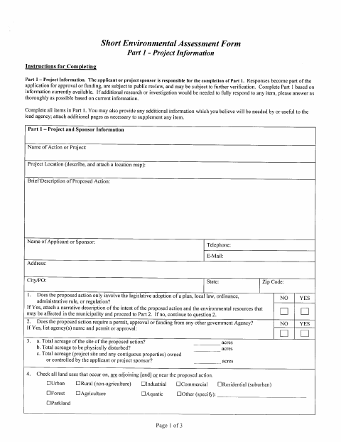 First page of the Short Environmental Assessment Form