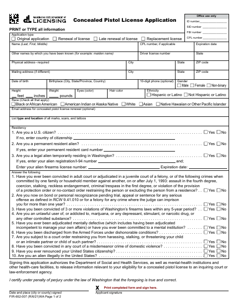 First page of the Concealed Pistol License Application