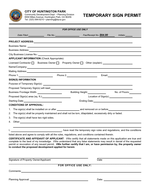 First page of the Temporary Sign Permit Application
