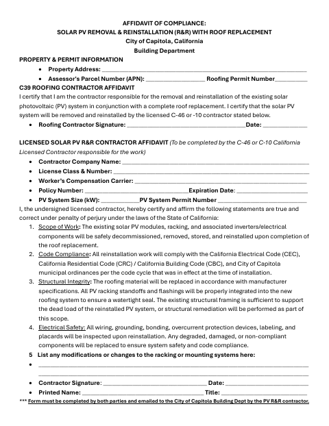 First page of the Affidavit of Compliance: Solar PV Removal & Reinstallation With Roof Replacement