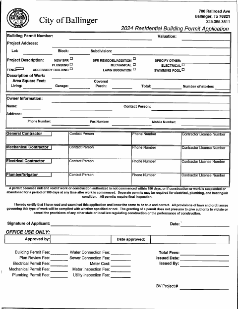 First page of the Residential Building Permit Application