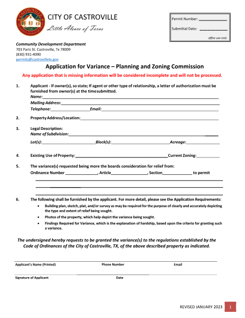 First page of the Variance Application – Planning and Zoning Commission
