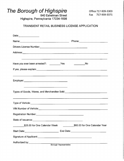 First page of the Transient Retail Business License Application