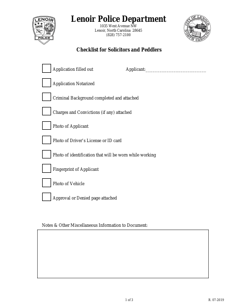First page of the Solicitors and Peddlers Application