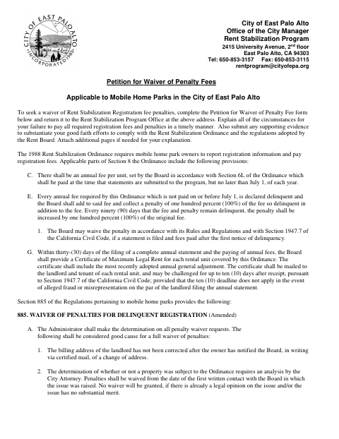 First page of the Petition for Waiver of Penalty Fees Applicable to Mobile Home Parks