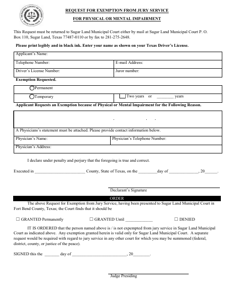 First page of the Request for Exemption from Jury Service for Physical or Mental Impairment