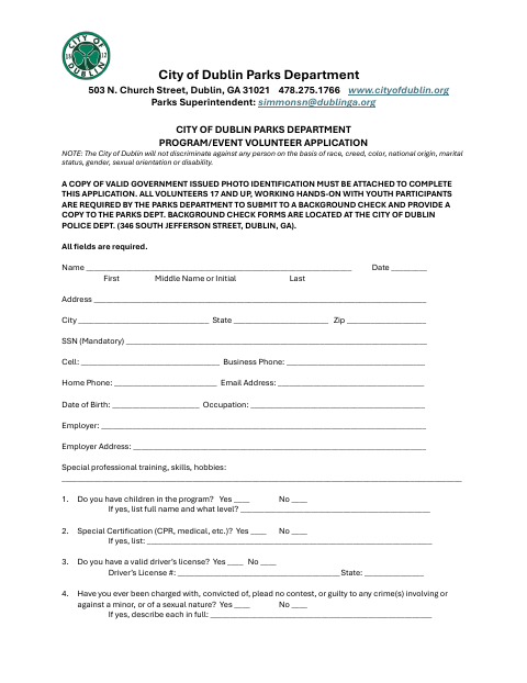 First page of the Parks Department Program/Event Volunteer Application