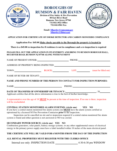 First page of the Application for Certificate of Smoke Detector and Carbon Monoxide Compliance
