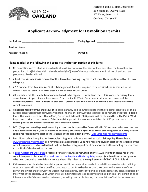 First page of the Applicant Acknowledgment for Demolition Permits