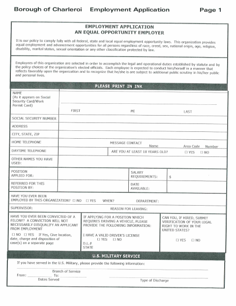 First page of the Employment Application