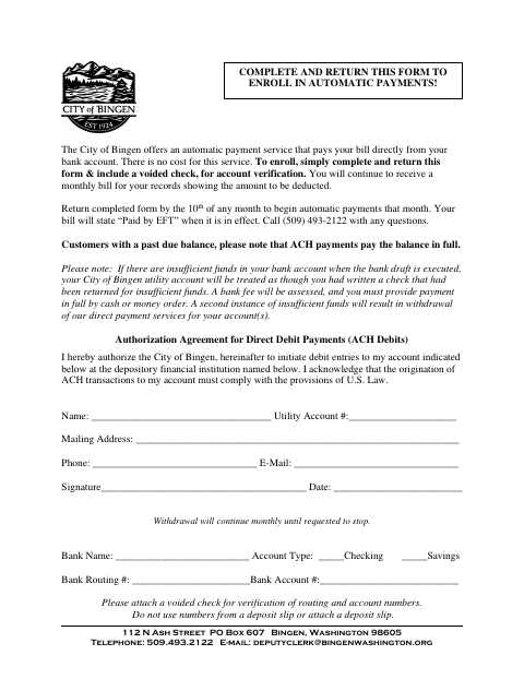 First page of the Authorization Agreement for Direct Debit Payments (ACH Debits)