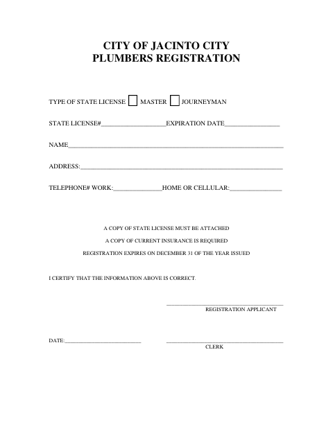 First page of the Plumbers Registration