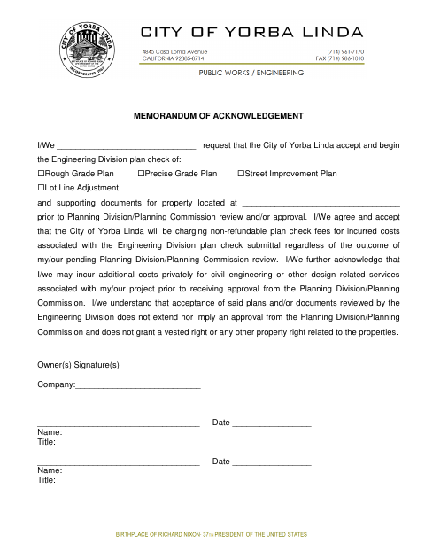 First page of the Memorandum of Acknowledgement