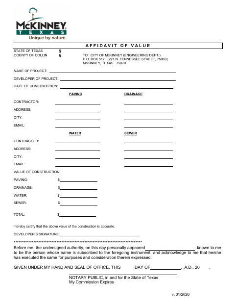 First page of the Affidavit of Value