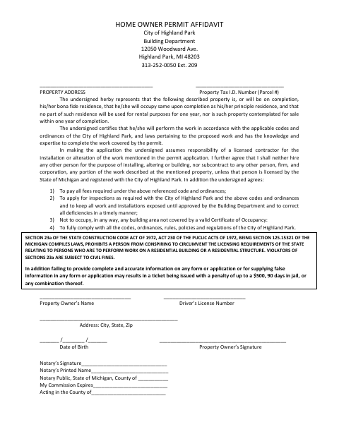 First page of the Home Owner Permit Affidavit
