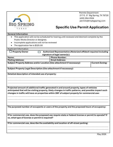 First page of the Specific Use Permit Application