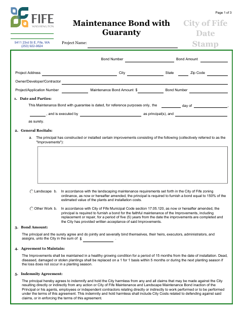 First page of the Maintenance Bond With Guaranty
