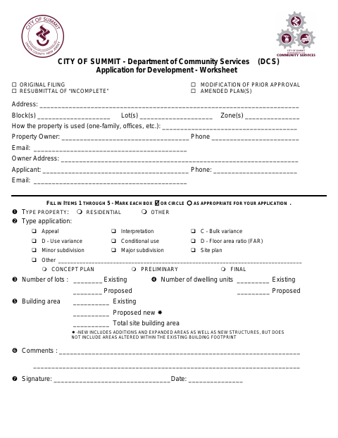 First page of the Planning Board Development Application