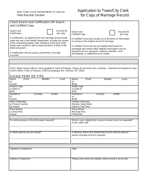First page of the Application for Copy of Marriage Record