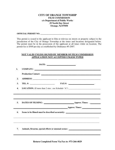 First page of the Special Events Filming Permit Application
