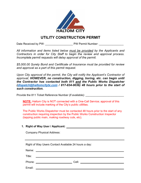 First page of the Right of Way Utility Construction Permit