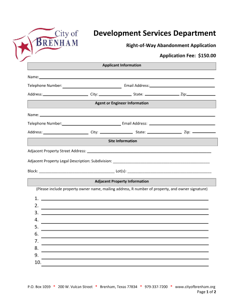 First page of the Right-of-Way Abandonment Application