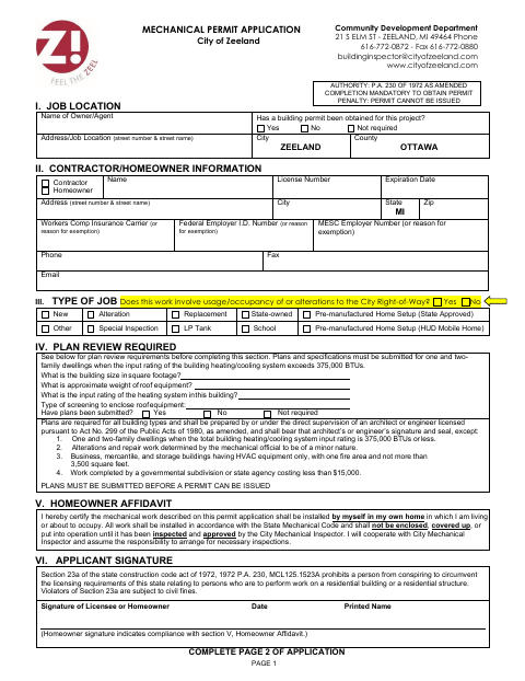 First page of the Mechanical Permit Application
