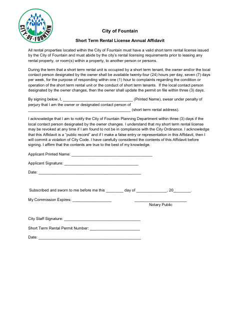 First page of the Short Term Rental License Annual Affidavit