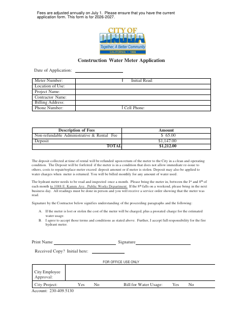 First page of the Construction Water Meter Application