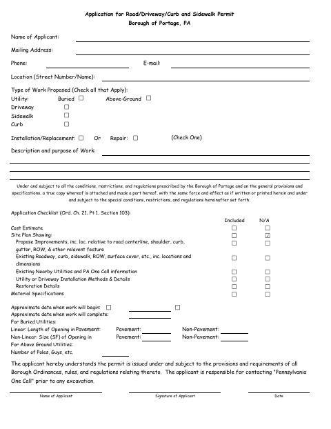 First page of the Road, Driveway, Curb, and Sidewalk Permit Application