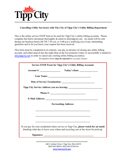 First page of the Cancelling Utility Services Form