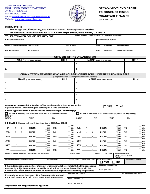 First page of the Application for Permit to Conduct Bingo Charitable Games