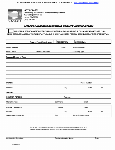 First page of the Miscellaneous Building Permit Application