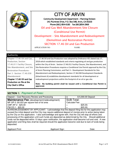 First page of the Oil and Gas Well Abandonment and Site Closure Application
