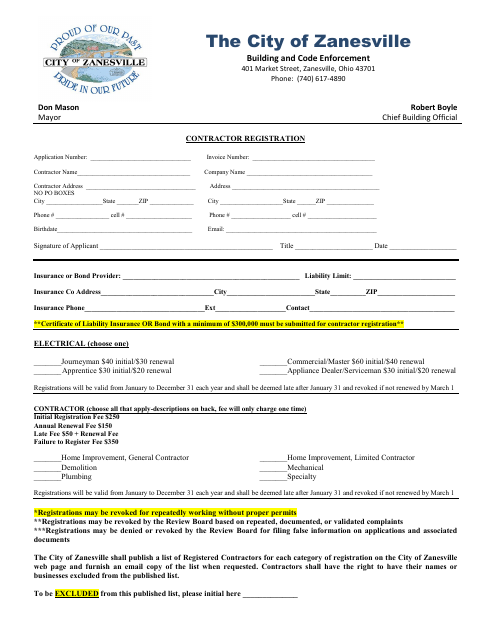 First page of the Contractor Registration Application