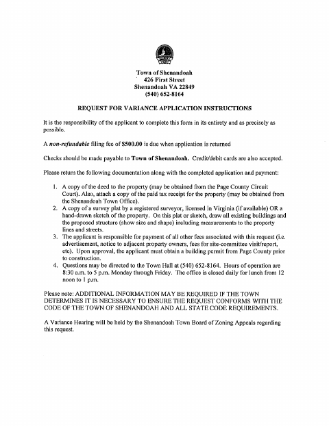 First page of the Variance Application