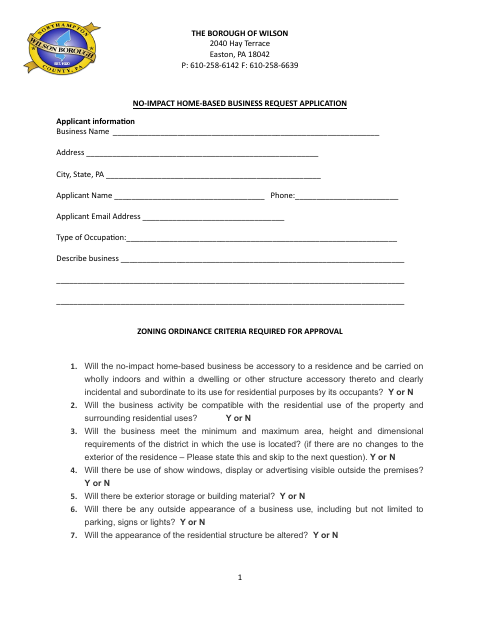 First page of the No-Impact Home-Based Business Request Application