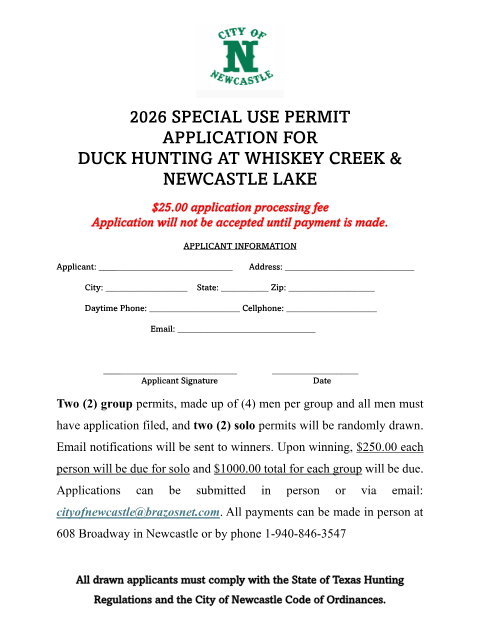 First page of the 2026 Special Use Permit Application for Duck Hunting