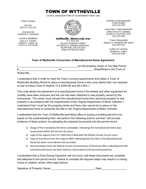 First page of the Conversion of Manufactured Home Agreement