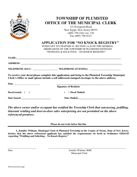 First page of the No Knock Registry Application