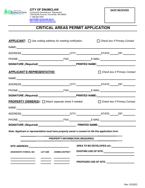 First page of the Critical Areas Permit Application