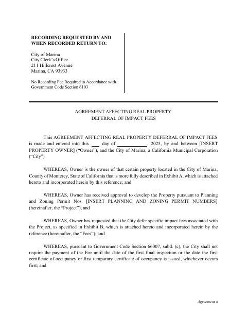 First page of the Agreement Affecting Real Property Deferral of Impact Fees